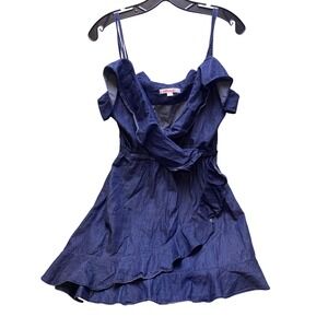 Dollhouse Dress Womens Large Ruffle Sundress Strappy Flirty Spaghetti Denim Blue